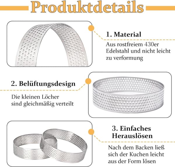 12 stk 8 cm Mousse- og terteformer i rustfritt stål – Perforerte bakerringer for desserter, kaker, quicher – 12 deler