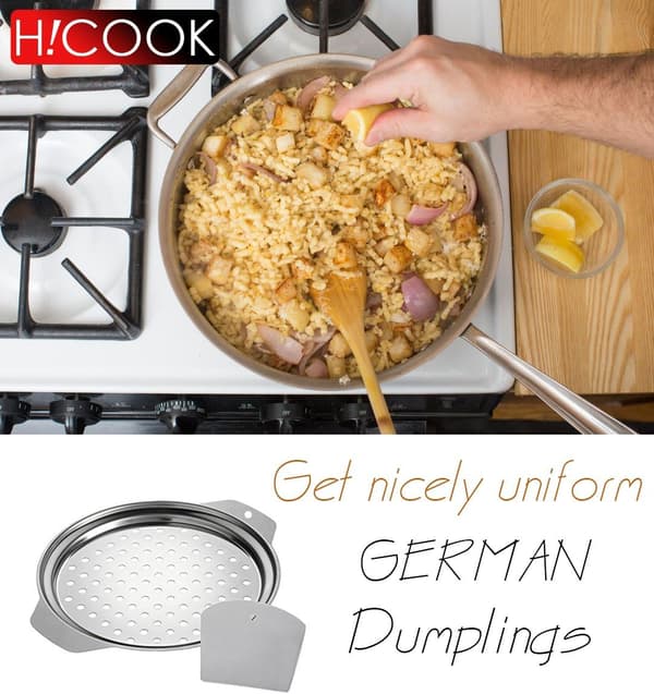 Dumplinglokk i rustfritt stål med skrape, tradisjonell tysk eggnuddelgryte og pastasil.