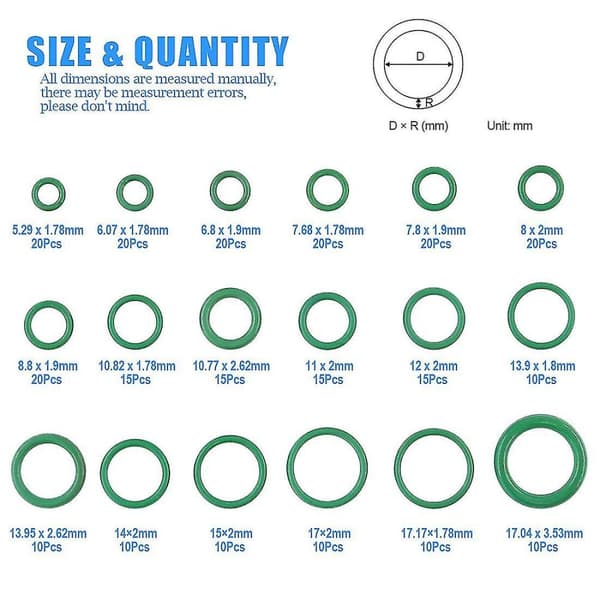 270 st*2 Kompressor O-ringar Kit 18 Storlekar Bil Luftkonditionering AC Gummi O-ring Packningssortiment green