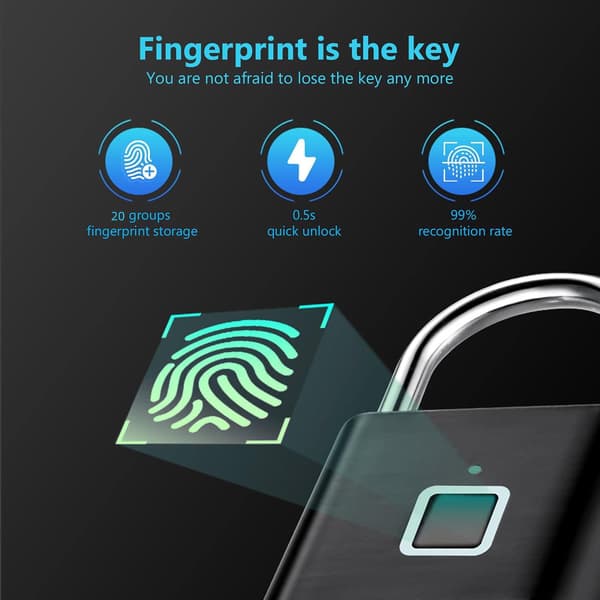 Smart fingeravtryckshänglås, uppladdningsbart fingeravtryckslås, lämpligt för resväskor och gymskåp