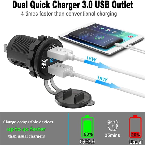 Outlet Quick Charge 3.0 Dobbelt Oplader Socket, med LED Voltmeter, til Bil Marine Lastbil Golfvogn RV, etc.