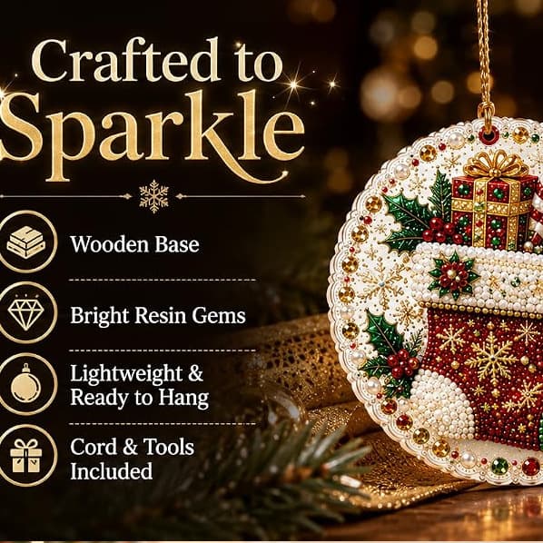Juletræspynt i træ DIY Diamantperlemalingssæt 6 Festlige Designs, Rhinstenskunst, Vedhængsstil, Juleperlekunstsæt til Voksne