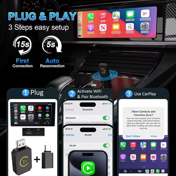 Mini Trådløs Android Biladapter og Trådløs CarPlay Adapter, 2-i-1 Trådløs CarPlay Adapter til iPhone iOS 10+/Android 11+