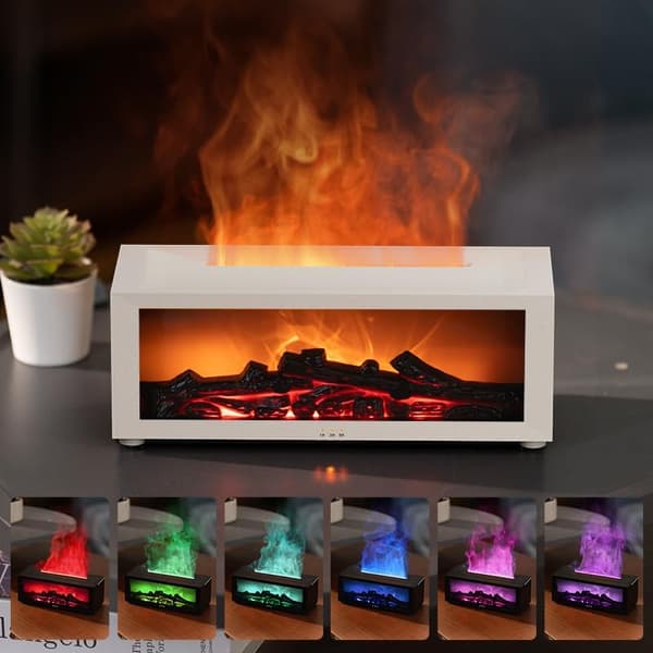 Diffuser og luftfugter med pejsflammedesign - Opgraderet version, med 7 flamme farver og lydløs drift. white