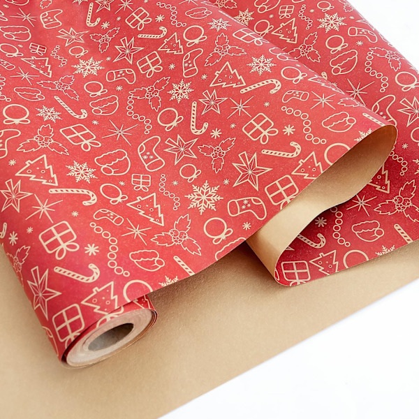 10 ark julklappspapper rulle, rött kraftpapper julklappspapper, presentpapper, snöflingemönstrat presentpapper