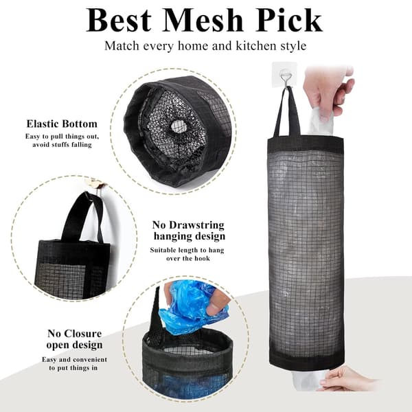 Plastikposeholder, indkøbsposeholder mesh hængende opbevaringspose dispenser (sort 4-pak)