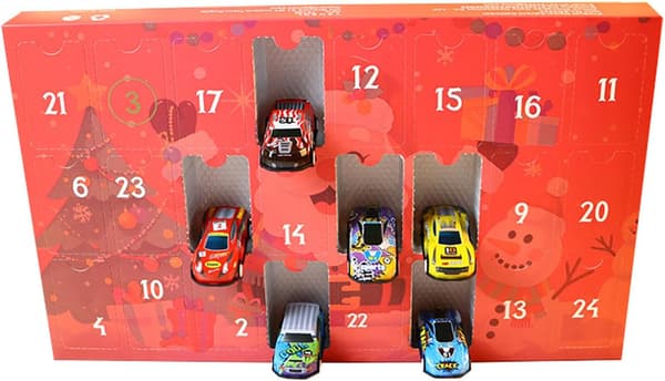 Julkalender 2026 – 24-dagars överraskningsbox med racerbilar för barn · 24 överraskningar med pull-back-racerbilar för barn