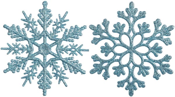 Julepynt i plast med glitter, snøfnugg, 10 cm, sett med 36 stk Light blue