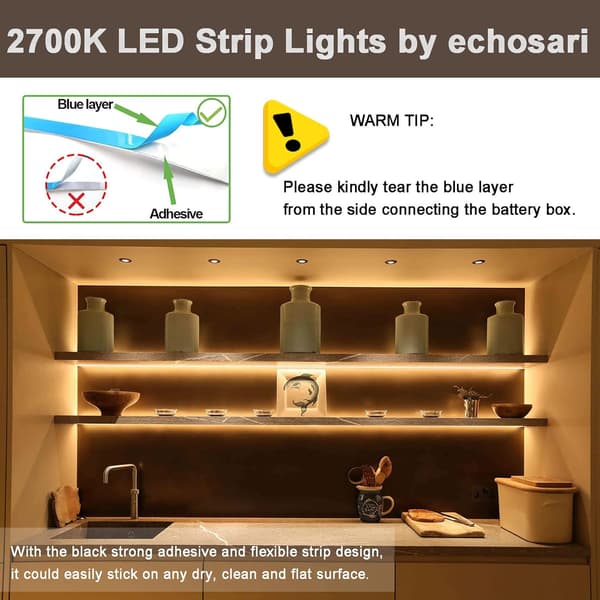 3m Batteridrevne LED-striper med fjernkontroll, vanntett, 8 moduser, dimbar, timer, selvklebende kuttbar (varmhvit)