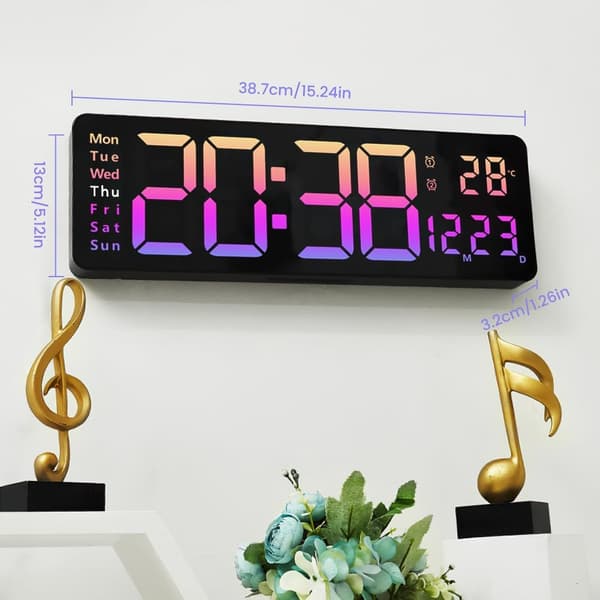 16-tums väggmonterad väckarklocka, digital klocka med timer och alarmfunktion, stor LED-display, RGB-färg.