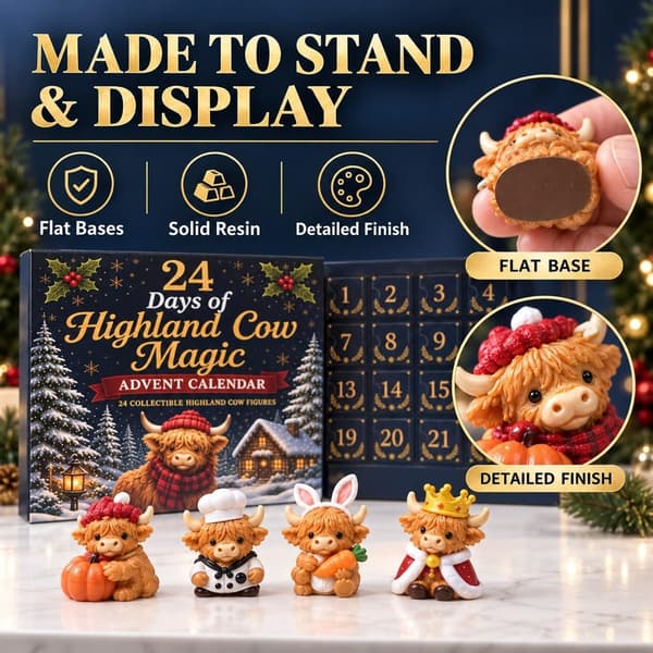 24 Dage med 3D Highland Ko Magisk Julekalender 2026 Søde Landbrugskvæg Jule-nedtælling med 24 Mini Figurer, Samleobjekter til Træet