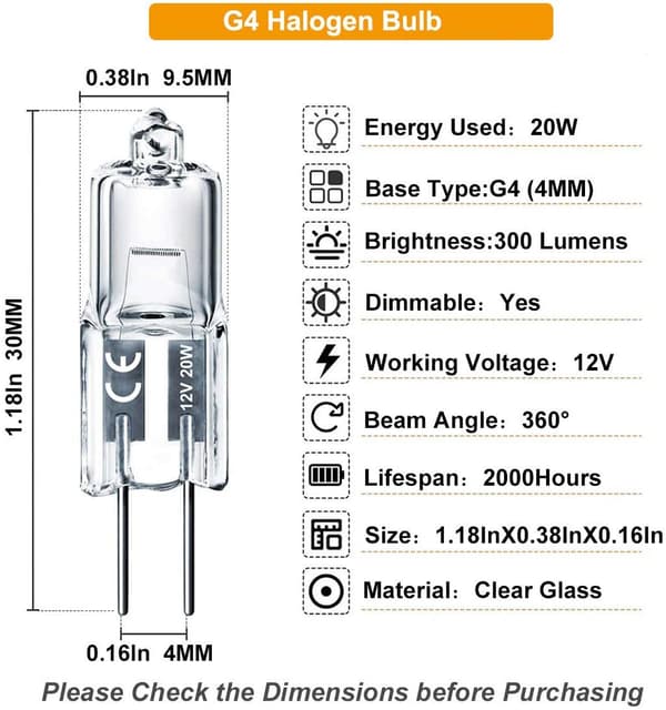 20-pak Halogenpærer, 2-benet 12v 20w G4 Base 350lm Dæmpbare Halogenpærer Til Underskabsspot 20W
