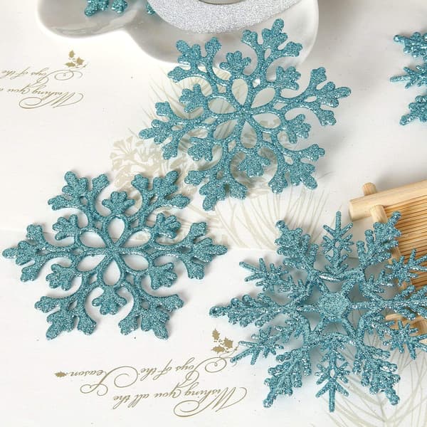 Julepynt i plast med glitter, snøfnugg, 10 cm, sett med 36 stk Light blue