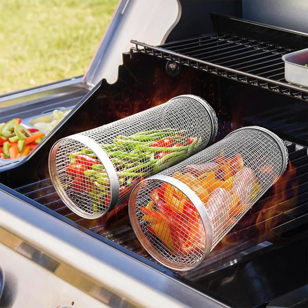 Rullende Grillkurv til Udendørs BBQ, 2-pak Rustfrit Stål Grillnet BBQ Rack Tilbehør, Grillnetrør Grillkurv