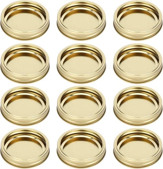 Set med 12 konserveringslock, 86 mm diameter, lämpliga för burkar med bred öppning (guld)