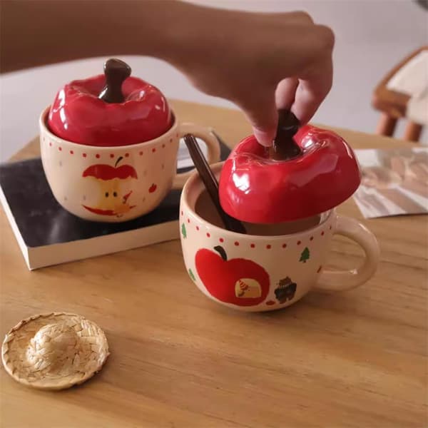 Keramisk mugg, perfekt som present, äppelformad mugg med sked och lock, för kaffe, te, varm choklad, speciell present A