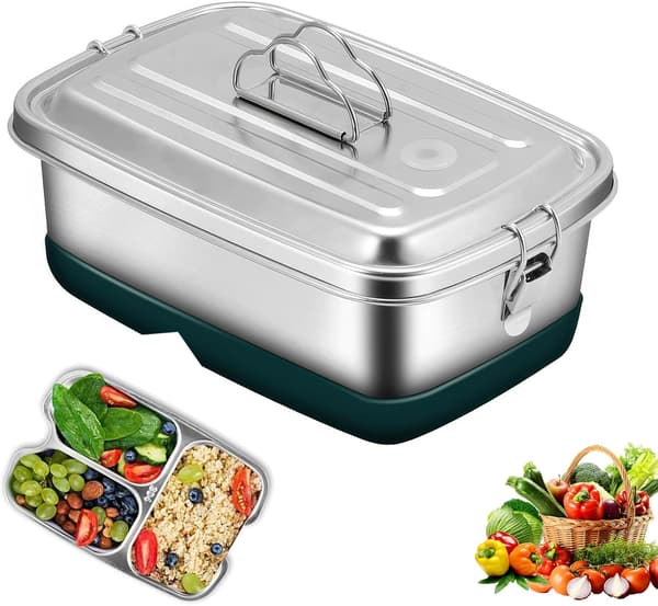 Matboks - Rustfritt stål - 2000 ml - 22 × 15,5 × 9 cm - Bento-boks - Lekkasjesikker - Med skillevegger - Egnet for voksne og barn - Sølv