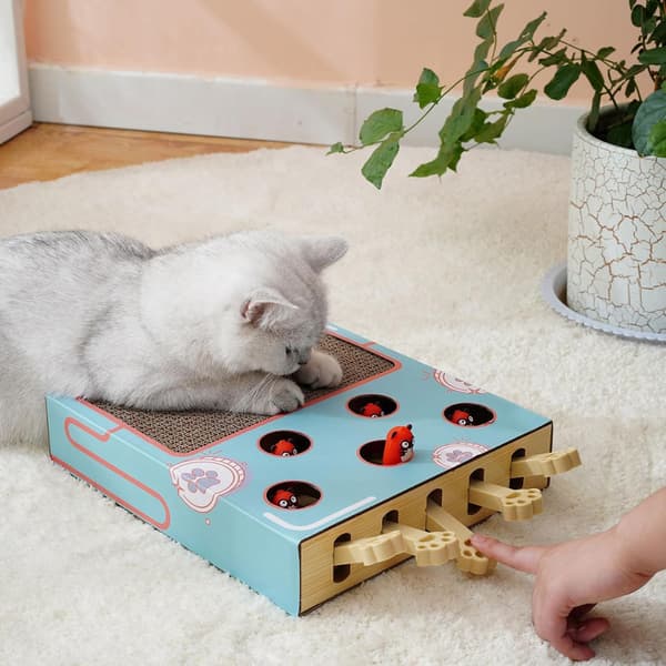 Whack-A-Mole Kattleksak med Klösbräda - Interaktivt Intelligensspel i Trä för Innekatter, 1-pack
