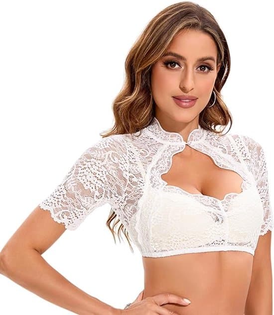 Dirndl Bluse til Kvinder - Blondebluse med Specielle Udskæringer - Ståkrave til Oktoberfest og Karneval - Til Kvinder og Piger - Dirndl Bluse - M M
