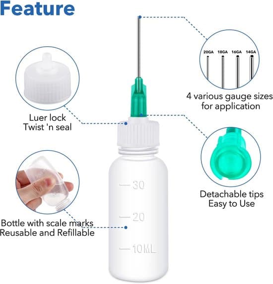 30 ml doseringsflaskset - 12 st med nålspets och lock - Ultrafin limapplikator - Påfyllningsbara limflaskor - Doseringsflaska - Limtuber