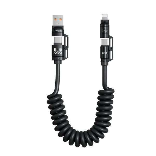4-i-1 spiralformad USB-C-laddningskabel snabbladdningskabel för iPhone Android 65W + PD 27W infällbar fjäderdatakabel stöder CarPlay & CarLife