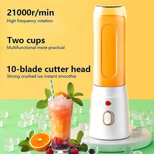 15 Oz Bærbar Blender Valgfri med Dobbel Kopp, USB Oppladbar med 10 Blader Student Hjem Multifunksjonell Juicer Komplementær Matkopp