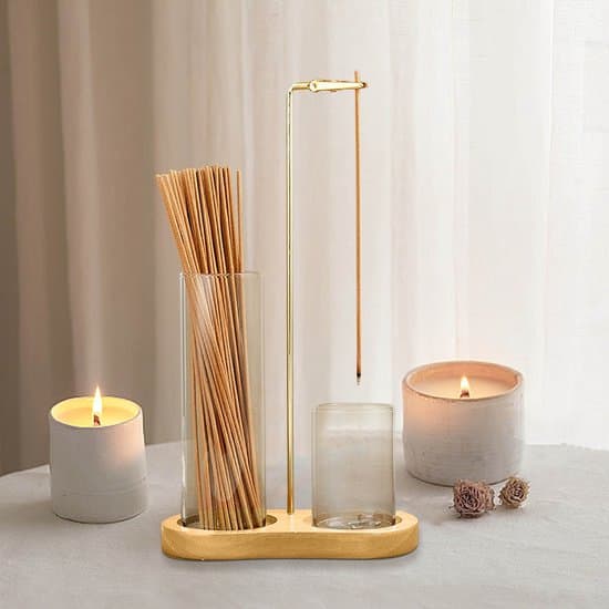 Røgelsesholder - Massivt træ - Inkluderer glasholder Aromadiffuser Til røgelsespinde Inkluderer askebakke Moderne stil Velegnet til et skrivebord Naturfarve