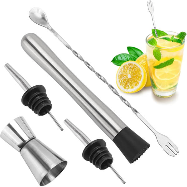 5-delt Cocktail Muddler Sæt - 304 Rustfrit Stål Cocktail Muddler Multifunktionel Cocktail Ske, 2-delt Hælder