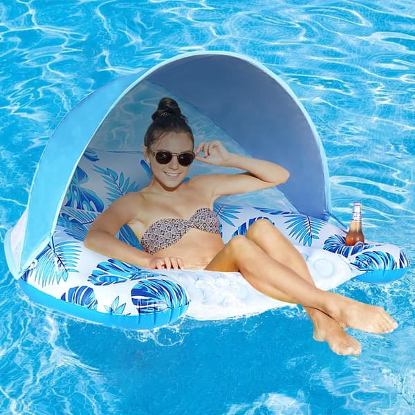 Pool Float med Kaleche og Kopholder – XL Poolstol – Lounge Float med Justerbar Solskærm – Oppustelig Pool Float til Voksne