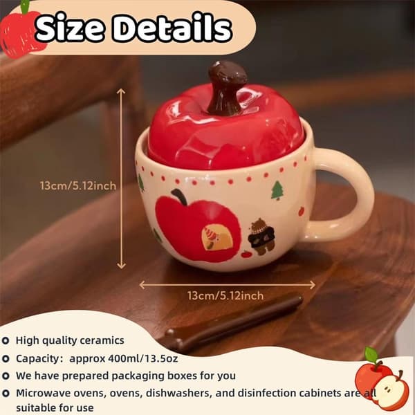 Keramisk mugg, perfekt som present, äppelformad mugg med sked och lock, för kaffe, te, varm choklad, speciell present A