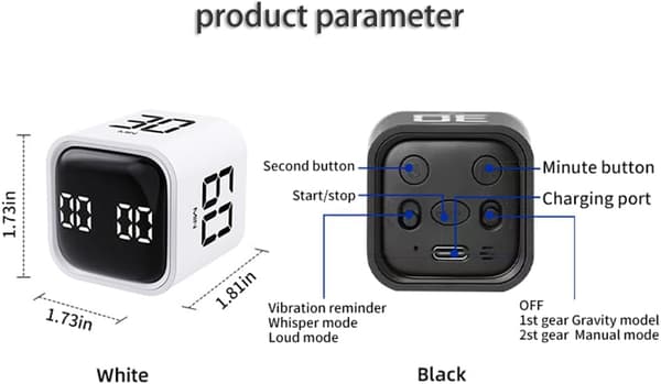 Digital Cube Pomodoro Timer - Genopladelig Fokus Timer med Vibrationsalarmer til Kontor & ADHD Børn Læring (Hvid)