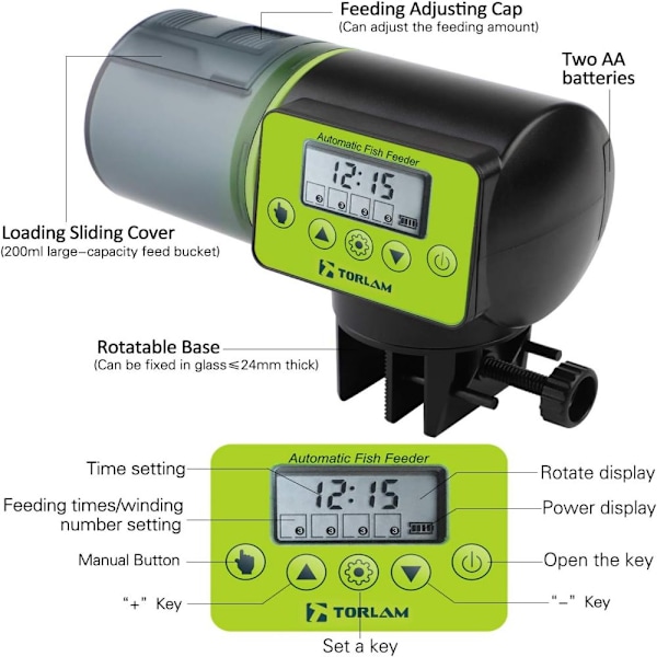 Automatisk fiskefoderautomat til havedam med timer, automatisk dispenser med digital timer