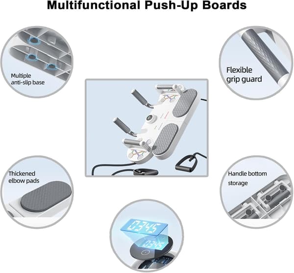 3-i-1 Push Up Board - Bærbart Hjemmetræningssystem med Ab Roller, Modstandsbånd & Digital Timer til Styrketræning