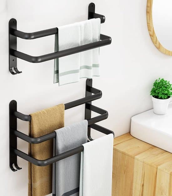 Musta – Kylpyhuoneen pyyheteline, mattamusta pyyheteline tangolla ja koukulla, seinään kiinnitettävä pyyheteline, poraamaton pyyheteline – 32 x 17 x 7 cm