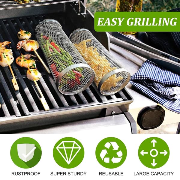 Rullende Grillkurv til Udendørs BBQ, 2-pak Rustfrit Stål Grillnet BBQ Rack Tilbehør, Grillnetrør Grillkurv