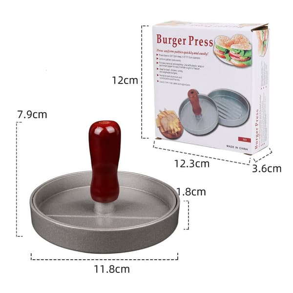Hamburgerpresse i rustfrit stål med træhåndtag, non-stick, inkl. 100 stykker bagepapir