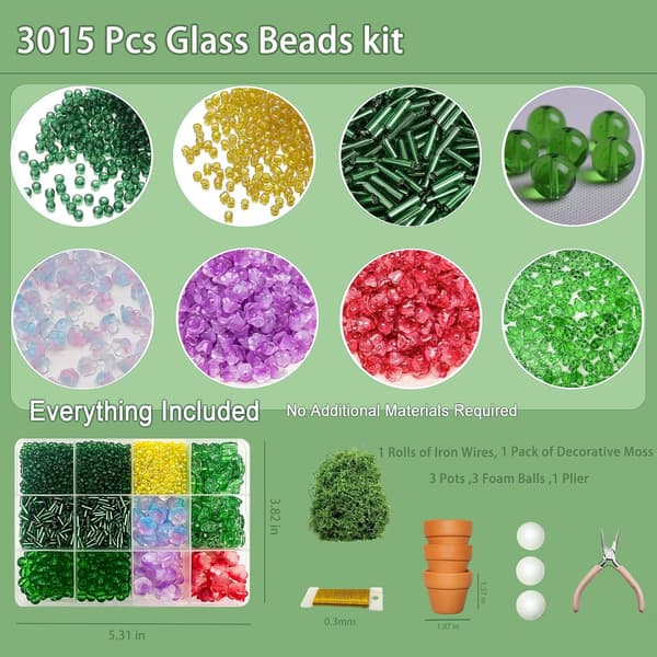 Grønt glasperle-plantesæt, perlehåndværkssæt til at lave perleblomster, bladplanter, vinduesfanger, DIY skrivebordsdekoration med potter, værktøj og video-tutorial