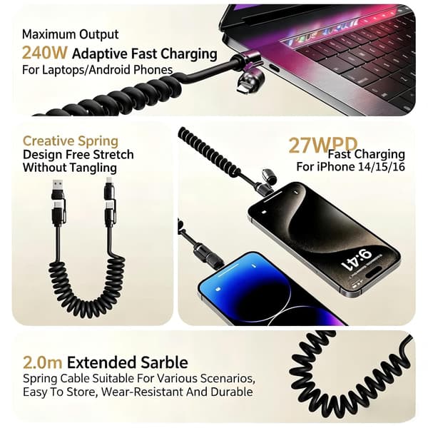 4-i-1 spiralformad USB-C-laddningskabel snabbladdningskabel för iPhone Android 65W + PD 27W infällbar fjäderdatakabel stöder CarPlay & CarLife