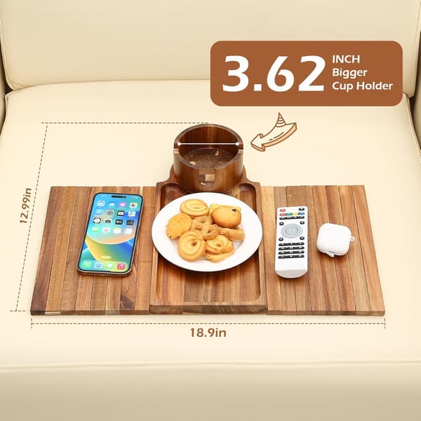 Sofakoppholderbrett, Sofabord i Akasietre med 360° Roterbar Telefonholder, 18.99\" Sammenleggbart Sklisikkert Sofaarmlenebrett for Snacks