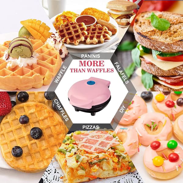 Vaffeljern med non-stick belegg, vaffelfyll, justerbar bruningskontroll, hjerteform, rosa.