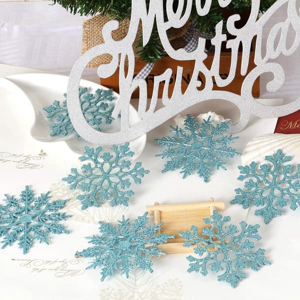 Julgranspynt i plast med glitter, snöflingor, 10 cm, 36-pack Light blue