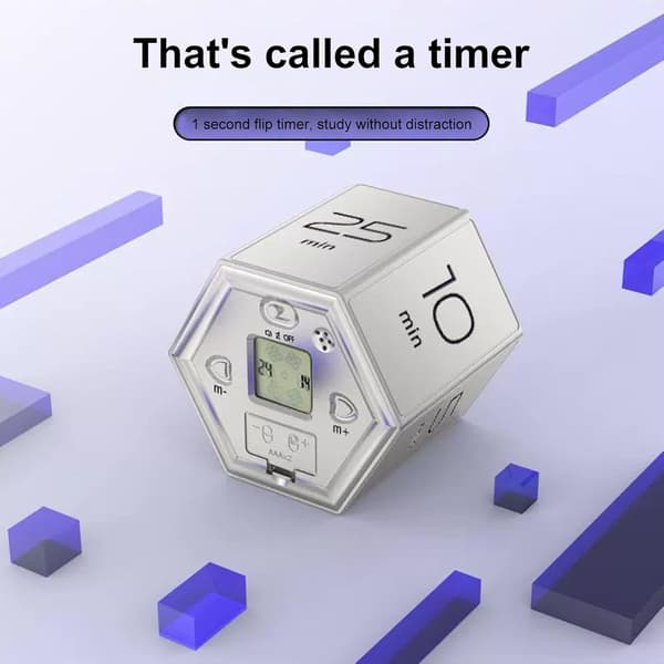 Roterande Hexagon Timer 5-60 Minuter, Tyst Nedräkningstimer med LED-Display för Kontor, Studier & Köksanvändning (Vit) White