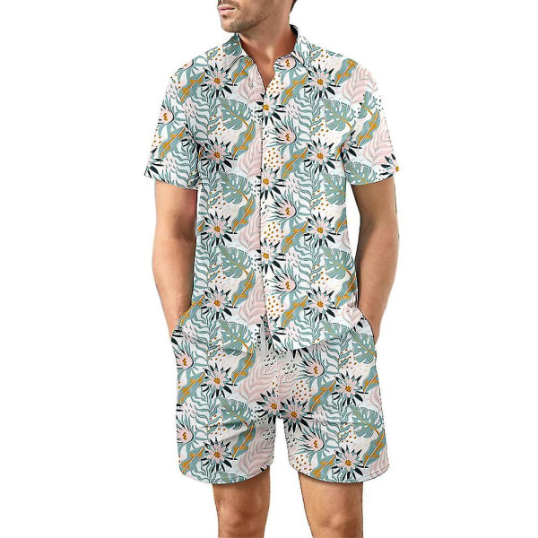 Blommiga kläder för män 2-delade skjortor och shorts Kostym Button Down  Hawaiian träningsoverall_R XS 9532 | XS | Fyndiq