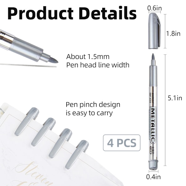 Illustrationsmarkörer för konstnärer, 4 st Silver Metallic med permanent metallisk finish, snabbtorkande vattenbaserat bläck för hantverk, presentkortstillverkning,