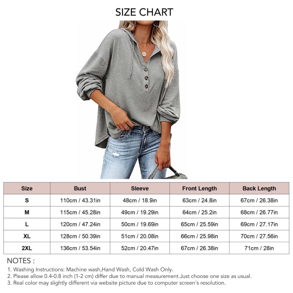 Blouse Long Sleeve V Neck Button Pure Color Casual Fashionable Hooded Tops for Women Grey XXL