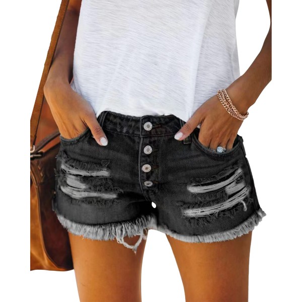 Denim Shorts Åndbar Fashionabel Casual Straight Breasted Kvast Distressed Denim Shorts til Kvinder Sommer Sort L