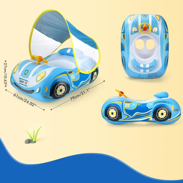 Baby Inflatable Pool Float with Canopy Car Shaped Baby Swim Float with Safty Seat Steering Wheel Horn for Infant Summer Beach Outdoor Play