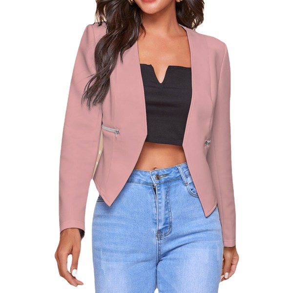 Women Blazer Jackets Elegant Stylish Casual Pure Color Open Front Short Blazers with Pockets Zips for Women Girls Pink S