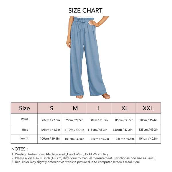 Löysät housut, leveä lahje, korkea vyötärö, joustava vyötärönauha, sivutaskut, laskeutuvat housut, solmittava vyö, monikäyttöiset naisille, vaaleansininen, M