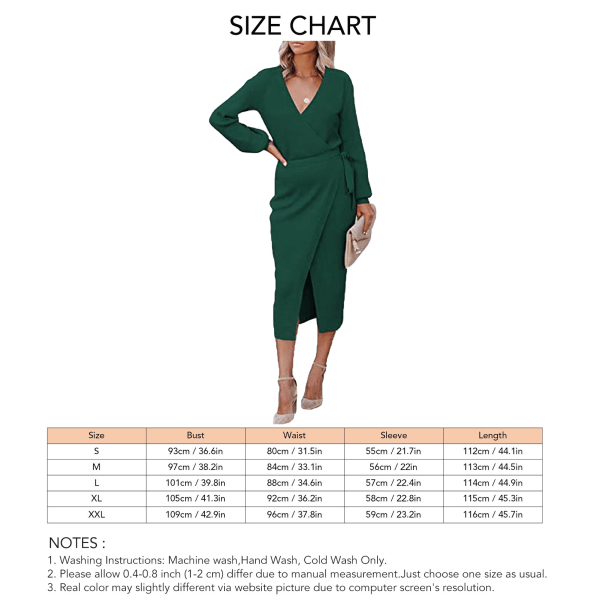 Stickad klänning V-hals midi längd långärmad ventilerande kvinnor Casual Fit Klänning för shopping Grön XL